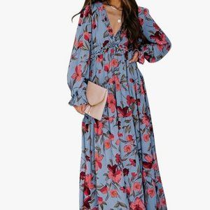 BLENCOT Floral Deep V Neck Long Sleeve Long Dress